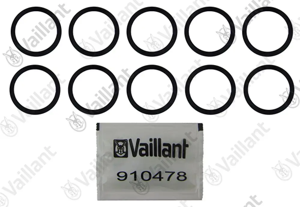 Vaillant O-Ringe in schwarzer Farbe, angeordnet in zwei Reihen mit fünf Ringen pro Reihe, zusammen mit einer weißen Verpackung mit der Artikelnummer 910478.